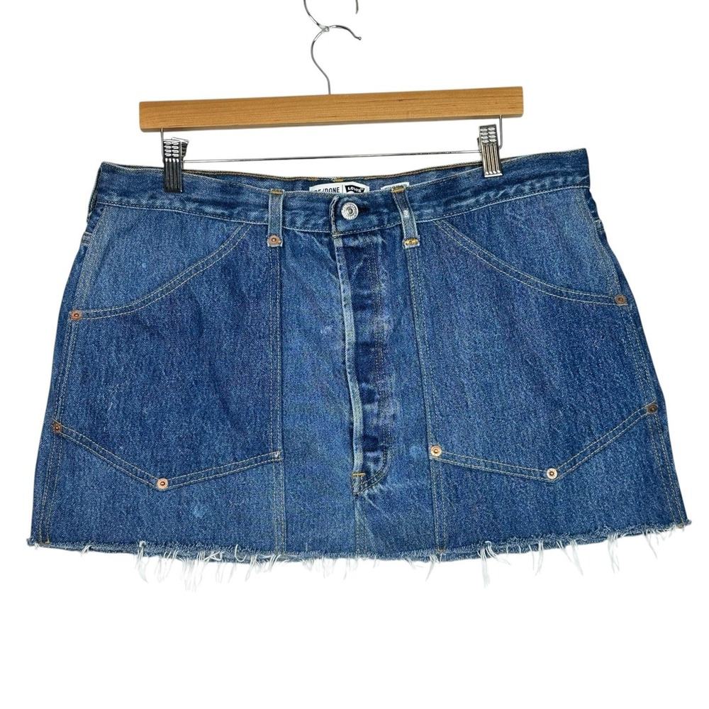 RE/DONE x Levi's Denim Mini Skirt 30 Reconstructed USA Button Fly Raw Hem Blue